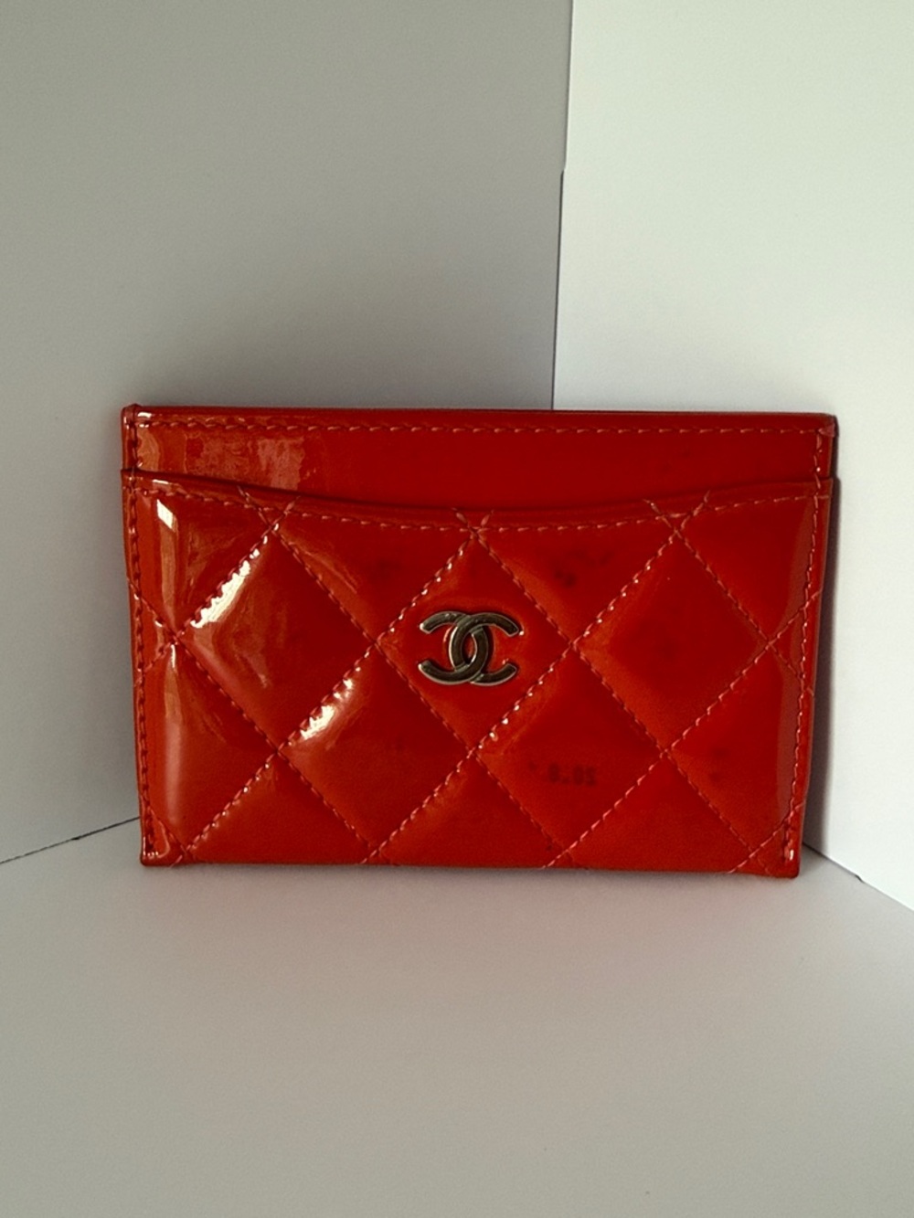 CHANEL Authentic Red Quilted Patent Leather Card Case with Silver CC